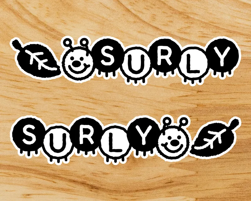 Custom bike decal designs for Surly Bikes featuring vintage typography and outdoor aesthetic